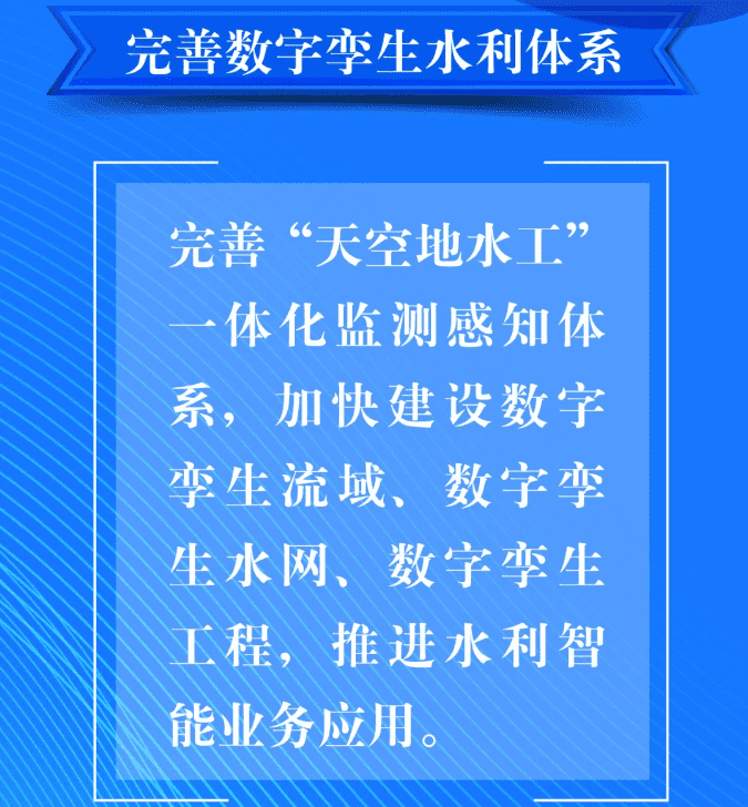 四、要完善數(shù)字孿生水利體系。完善“天空地水工”一體化監(jiān)測(cè)感知體系，加快建設(shè)數(shù)字孿生流域、數(shù)字孿生水網(wǎng)、數(shù)字孿生工程，推進(jìn)水利智能業(yè)務(wù)應(yīng)用。.png